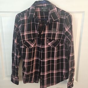 Harley-Davidson Women's Black and Pink Plaid Shirt